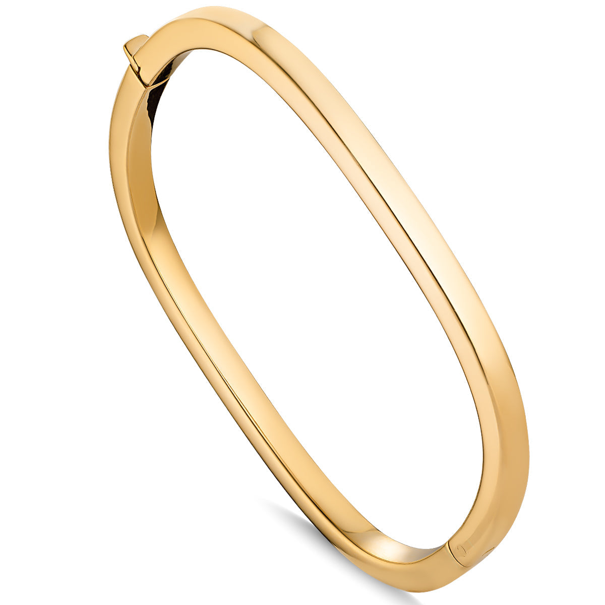 The Raffi&Co.® 18K Yellow Gold Bangle is a sleek, curved bracelet with a smooth finish and hinge closure. Its minimalist design showcases a polished surface that reflects light elegantly.