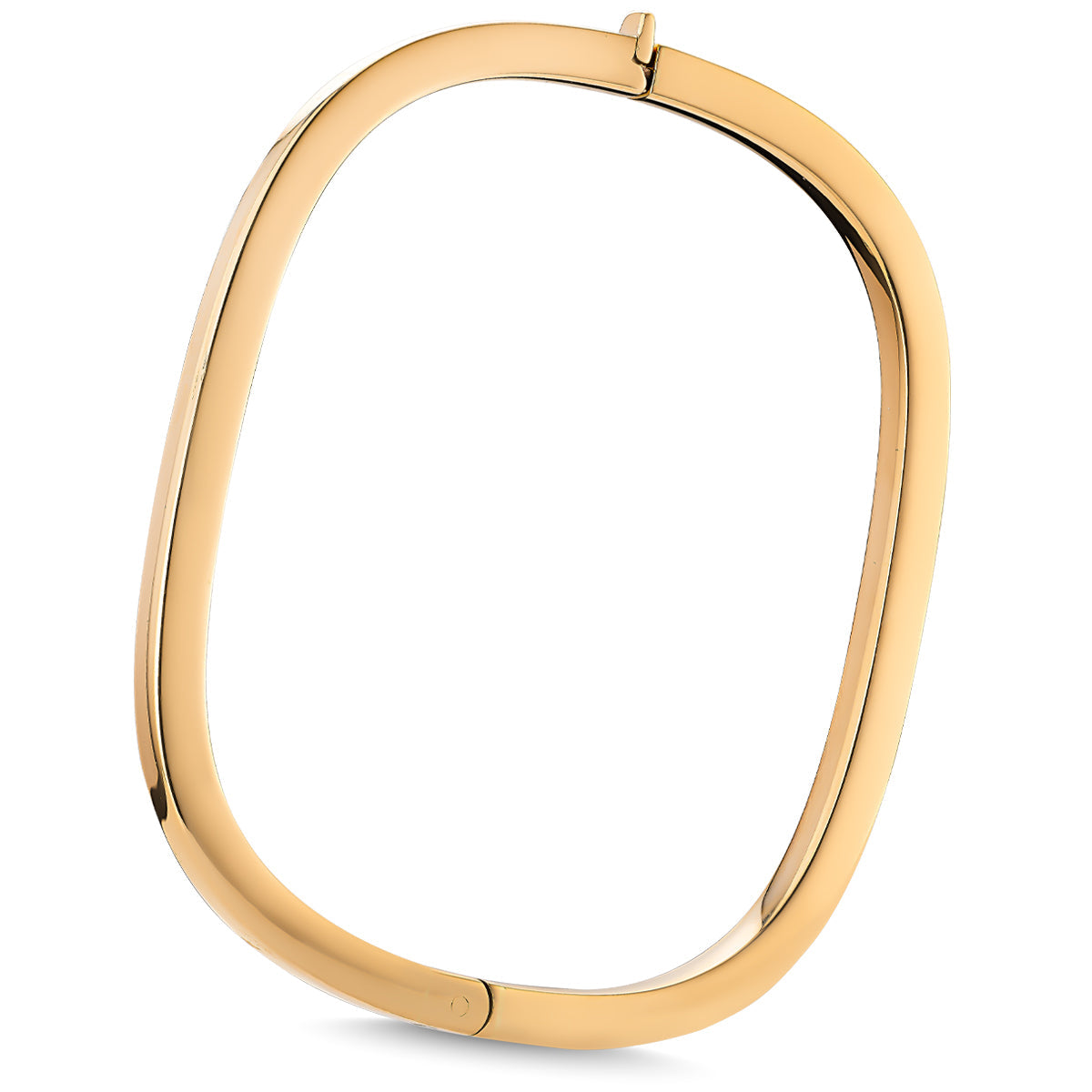 The Raffi&Co.® 18K Yellow Gold Bangle features a minimalist oval design with a smooth finish and discreet hinge closure.