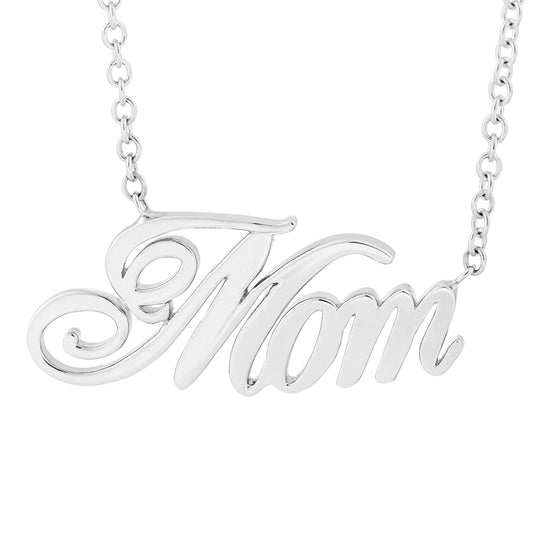 The Raffi&Co® 14K white gold necklace showcases a "Mom" pendant in elegant script, gracefully hanging from a delicate chain.