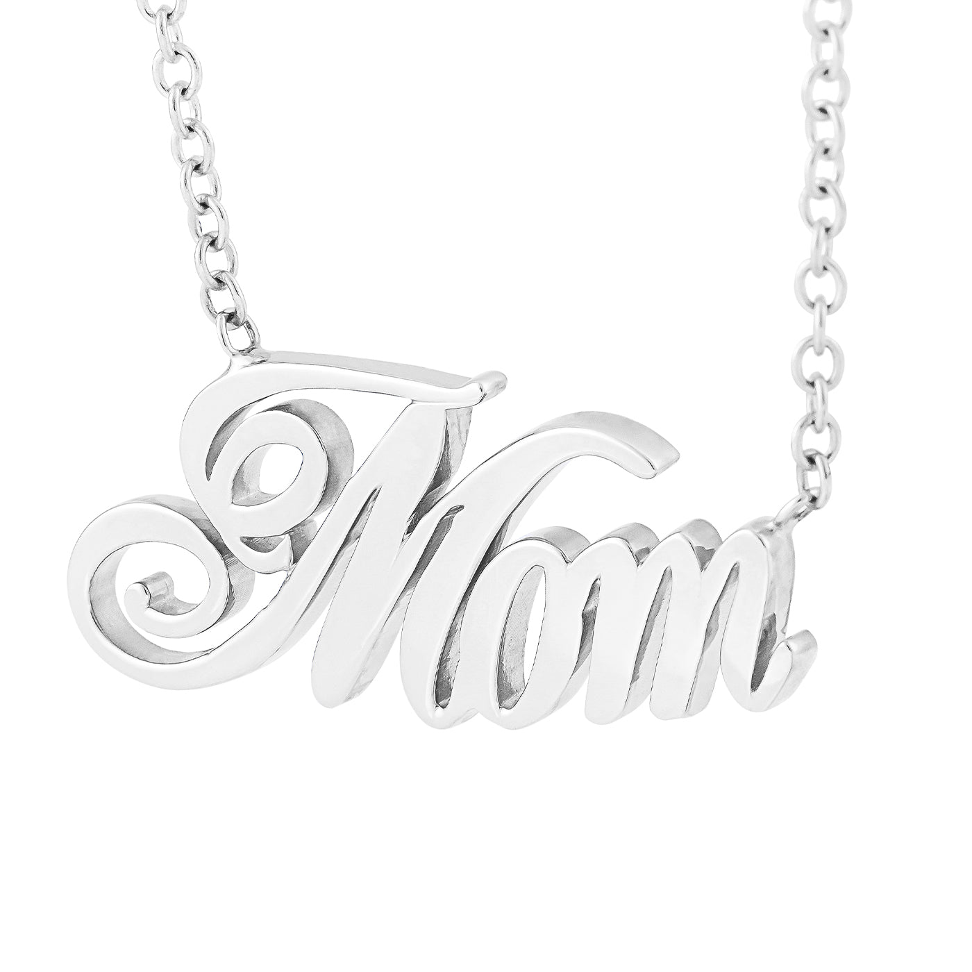 The Raffi&Co.® 14K White Gold Mom Necklace Pendant features the word "Mom" in elegant, cursive lettering on a delicate chain.