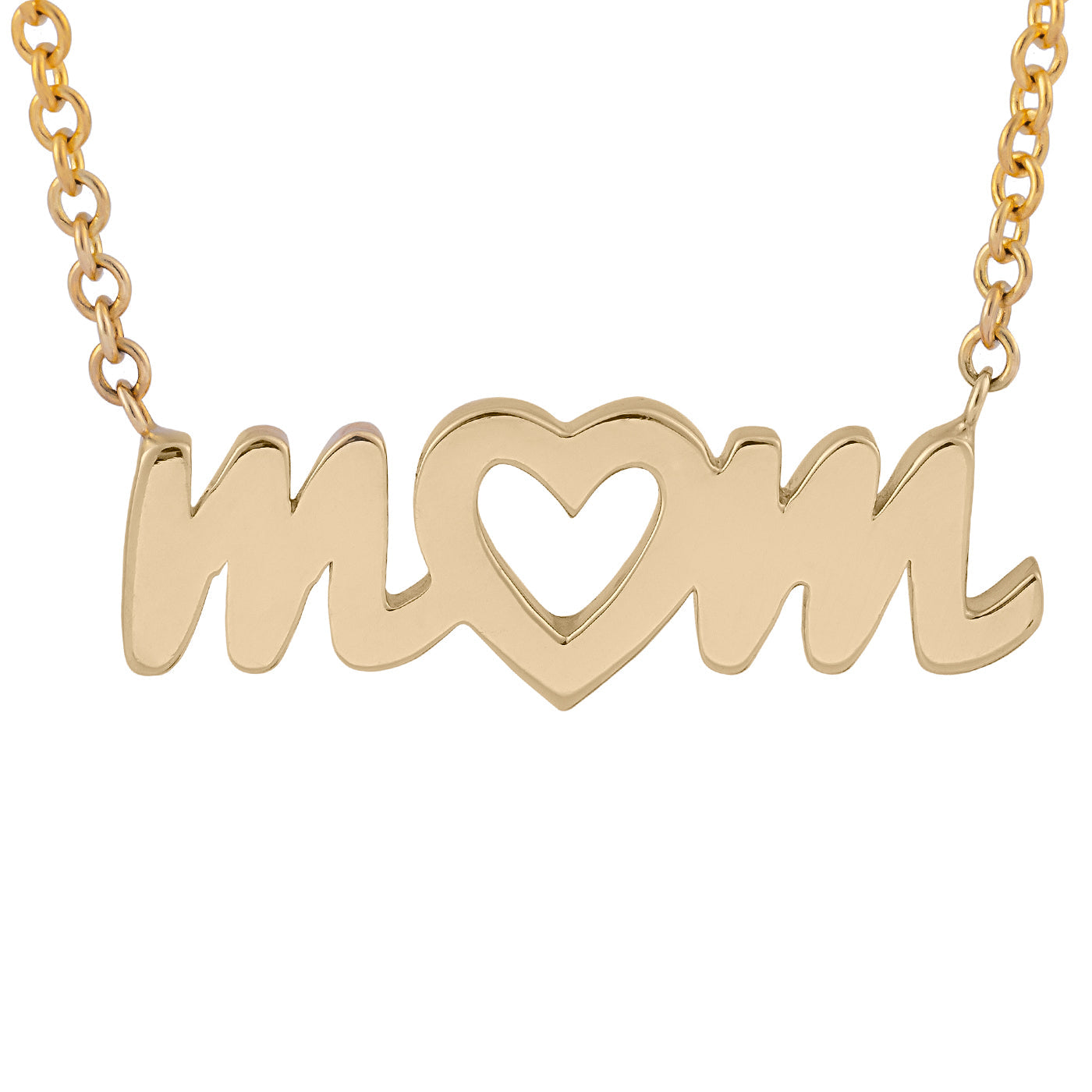 The Raffi&Co® 14K Yellow Gold Mom Necklace Pendant elegantly honors maternal love, featuring a pendant with "mom" in cursive and a heart-shaped design within the letter "o." This stunning piece is suspended from a matching gold chain.