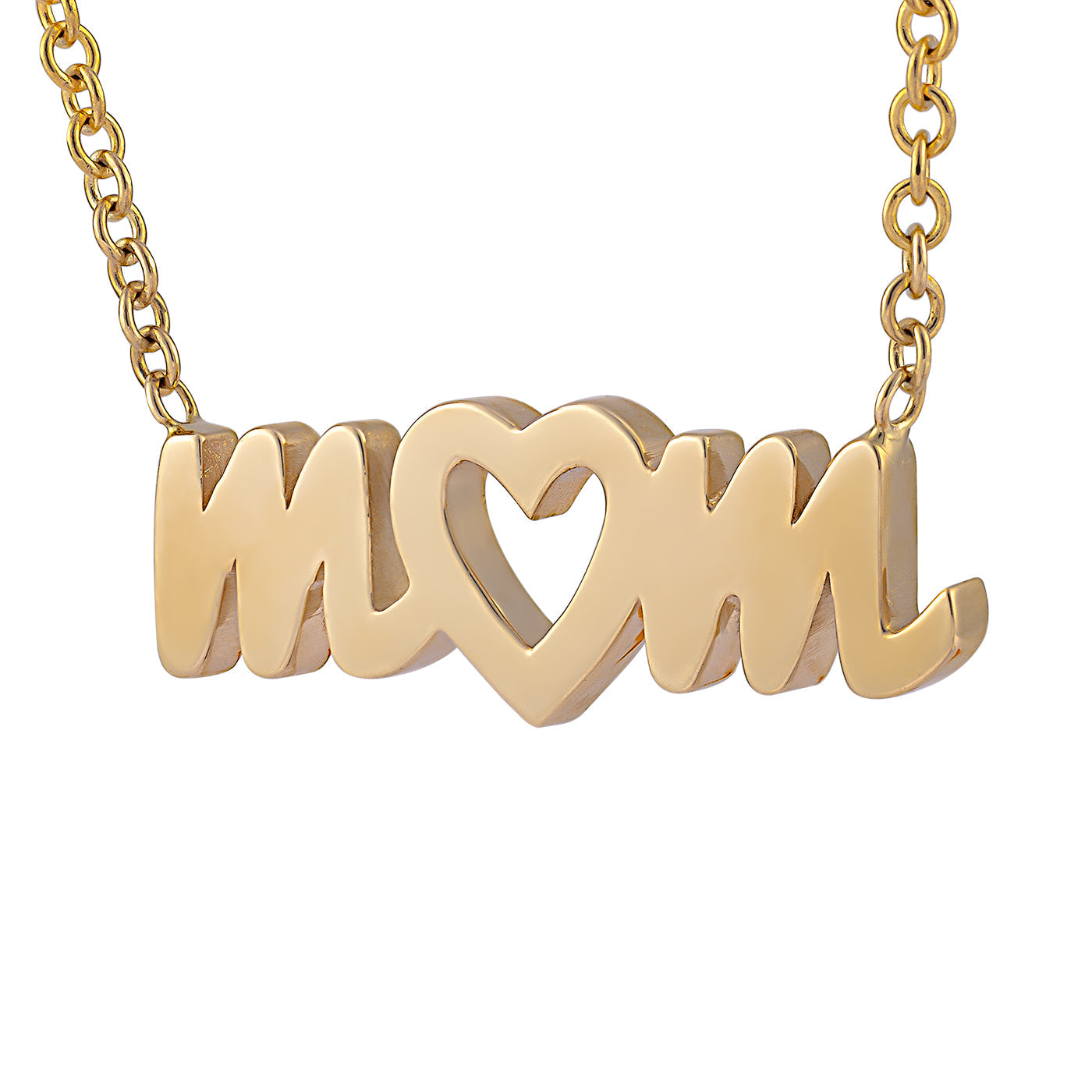 The Raffi&Co.® 14K Yellow Gold Mom Necklace Pendant, featuring a heart shape in place of the letter "o," attached to a gold chain, beautifully symbolizes maternal love.