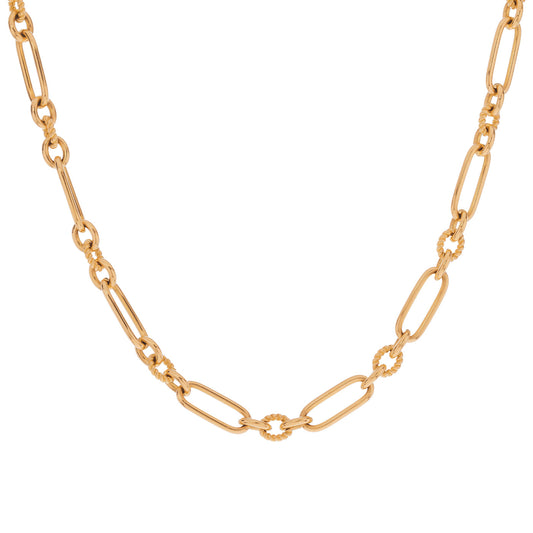 Introducing the Raffi&Co.® 18K Yellow Gold 18" Chain Necklace, an elegant piece showcasing a stylish pattern of alternating oval and textured circular links, beautifully complementing a plain white background.