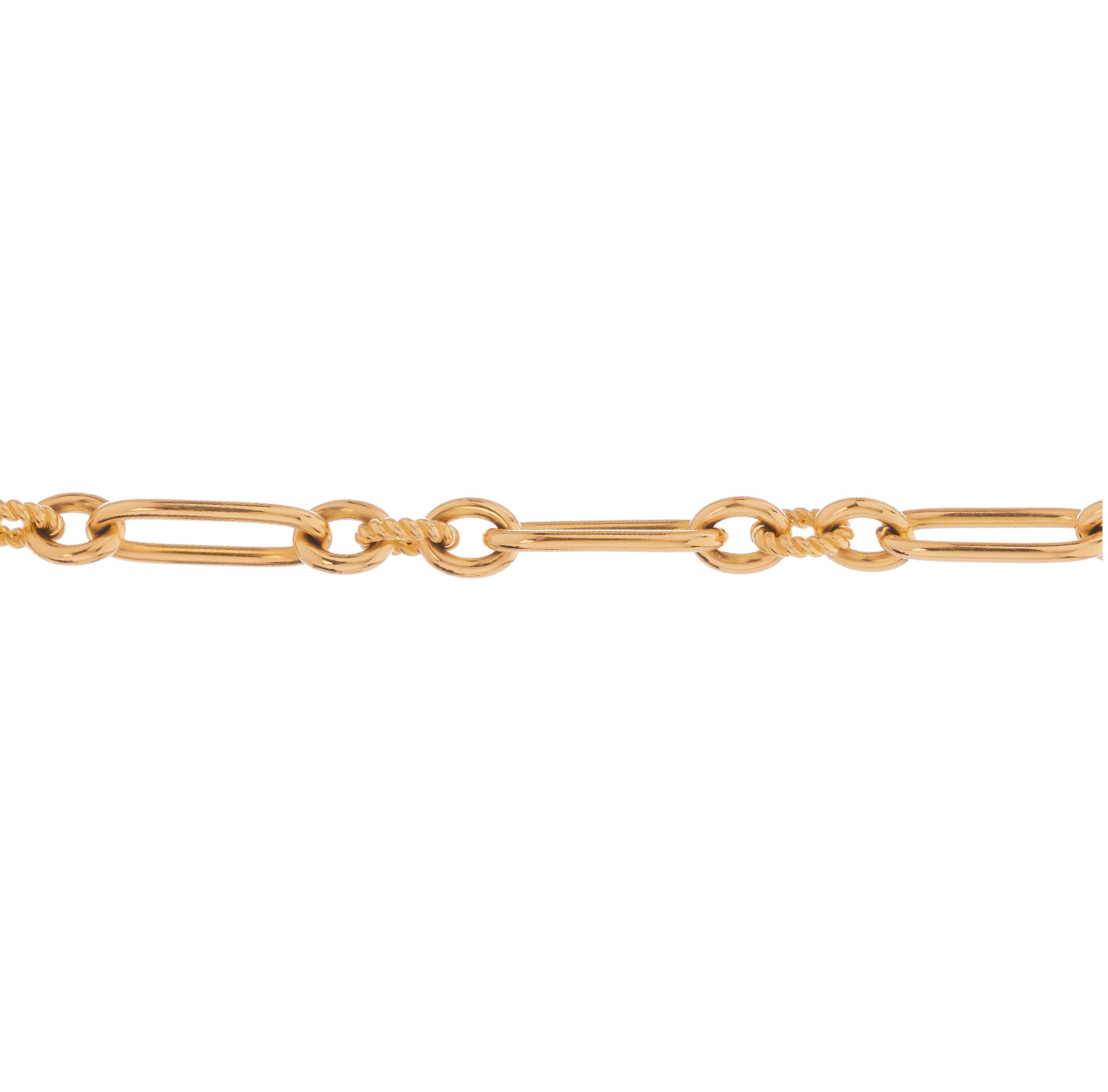 The Raffi&Co.® 18K Yellow Gold 18" Chain Necklace features an elegant design with intertwined elongated and circular links crafted from luxurious 18K yellow gold, set against a pristine white background. This necklace embodies timeless sophistication and style.