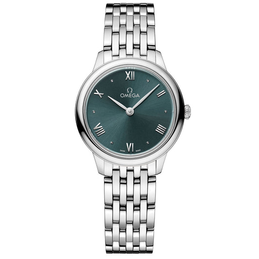 The OMEGA De Ville Prestige Quartz 27.5mm Watch by OMEGA boasts a stainless steel design with a PVD pine green dial, featuring Roman numeral markers at 12, 3, 6, and 9 o'clock. It includes a polished metal bracelet enhanced with small diamond markers encircling the sophisticated dial.