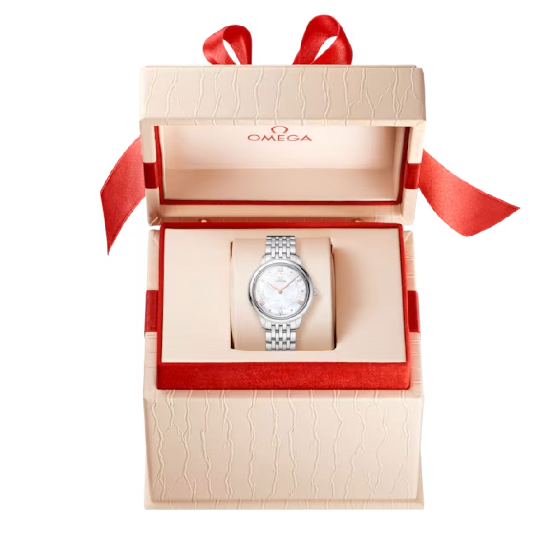 The OMEGA De Ville Prestige Quartz 30mm Watch is elegantly presented in an open beige and red box with a textured finish. The watch showcases a stainless steel bracelet and a white, mother-of-pearl dial, while the box is beautifully embellished with a red ribbon.