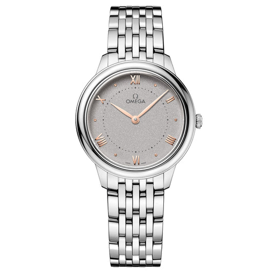 Discover the timeless elegance of the OMEGA De Ville Prestige Quartz 36mm Watch. This luxury piece from OMEGA showcases a stainless steel case complemented by a silver metal bracelet and a round gray dial. It features the Quartz Calibre 4061 movement and is elegantly adorned with rose gold Roman numerals and hands for a classic design.
