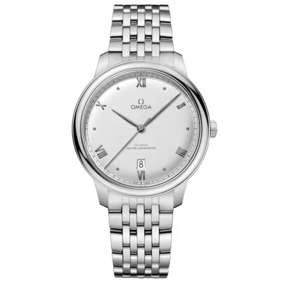 The OMEGA De Ville Prestige Co-Axial Master Chronometer 40mm Watch features a silver case, round white dial with silver Roman numerals and markers, date window at 6 o'clock, and a stainless steel link bracelet.