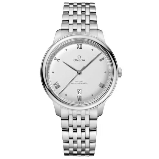 The OMEGA De Ville Prestige Co-Axial Master Chronometer 40mm Watch features a silver case, round white dial with silver Roman numerals and markers, date window at 6 o'clock, and a stainless steel link bracelet.