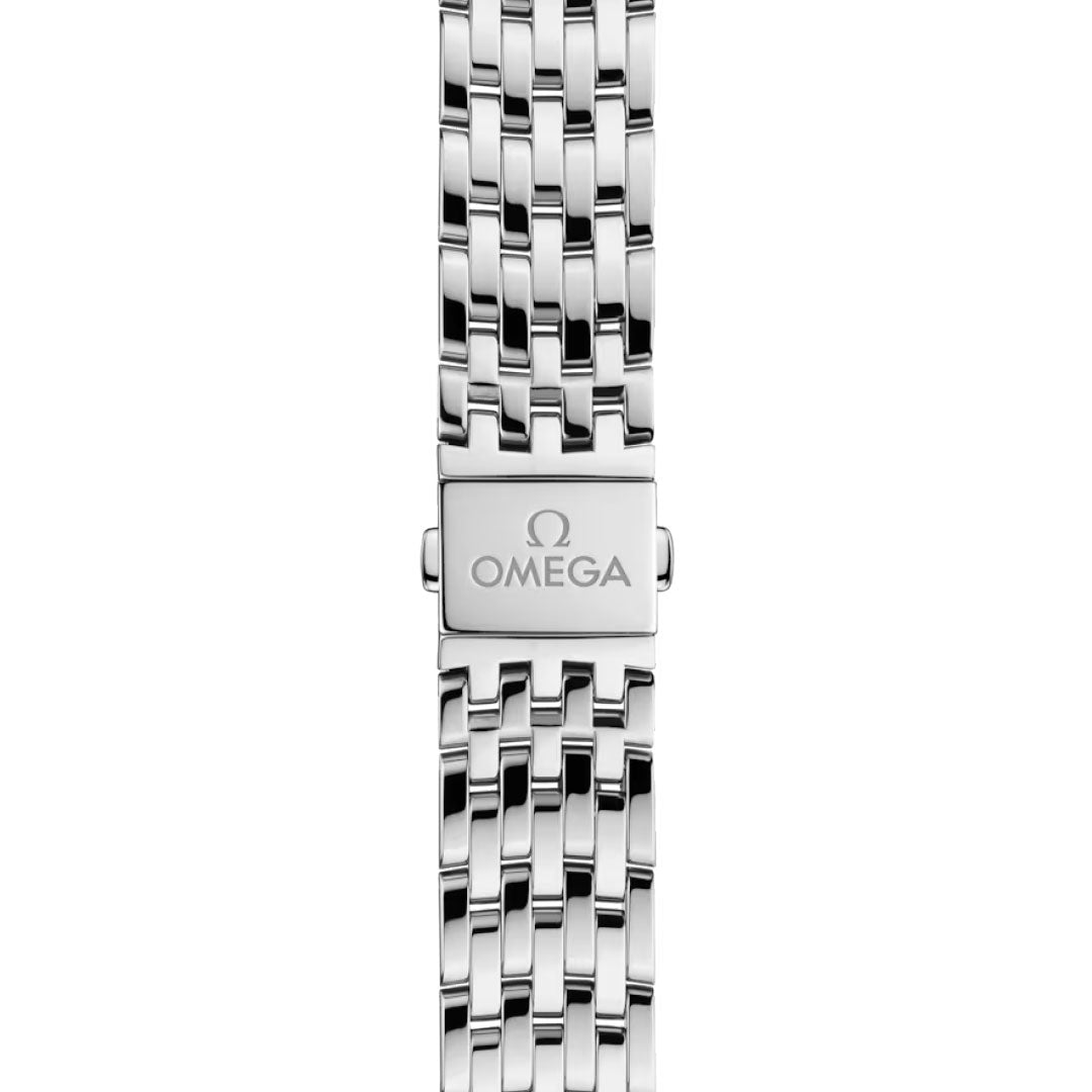 A close-up of the OMEGA De Ville Prestige Co-Axial Master Chronometer 40mm watch’s stainless steel bracelet, showcasing its polished multi-link design and a clasp engraved with the OMEGA logo and name.