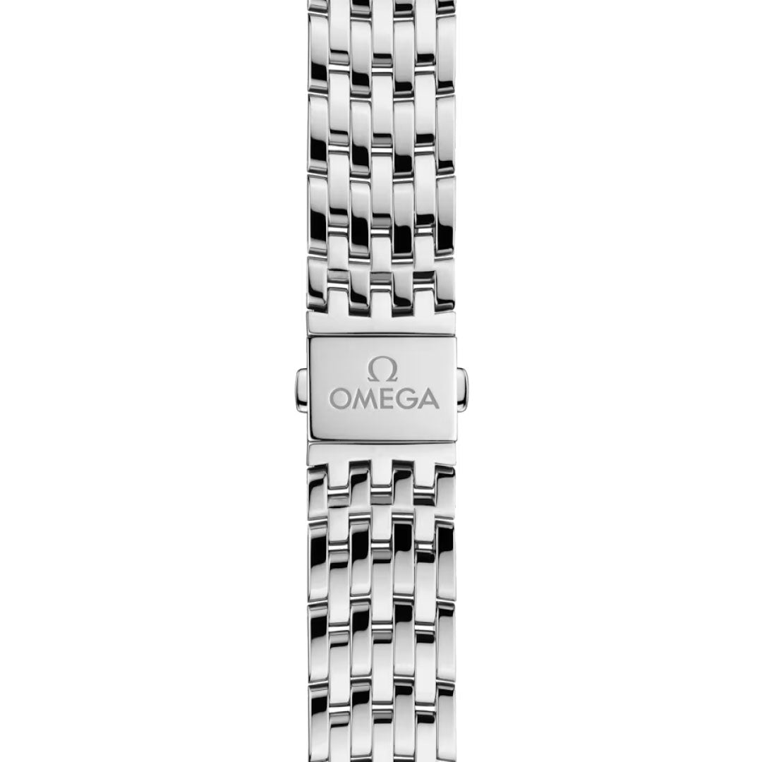 A close-up of the polished, multi-link stainless steel bracelet and clasp engraved with "OMEGA" on the OMEGA De Ville Prestige Co-Axial Master Chronometer 40mm Watch.