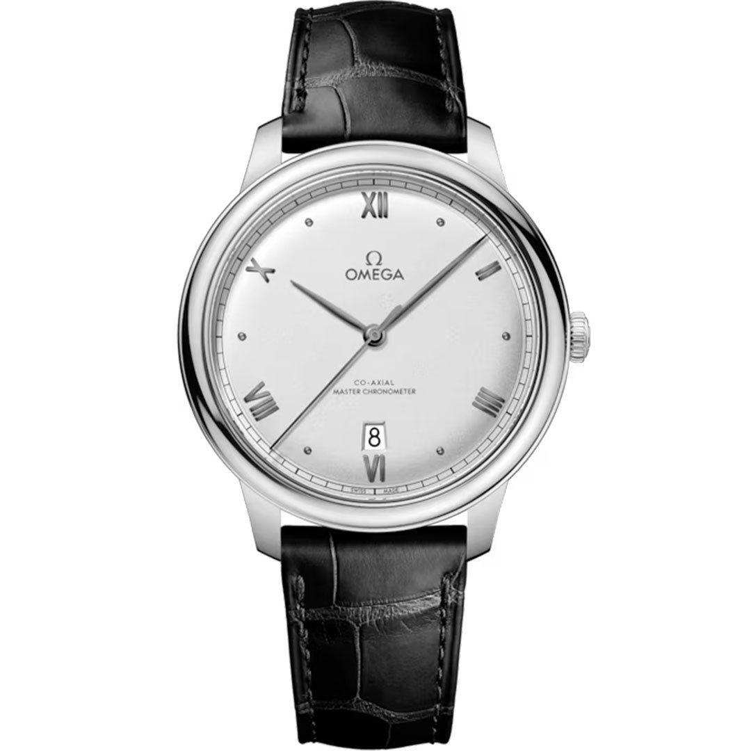 The OMEGA De Ville Prestige Co-Axial Master Chronometer 40mm watch features a silver case, white dial with Roman numerals, date window at 6 o'clock, slender hands, and a black leather strap.