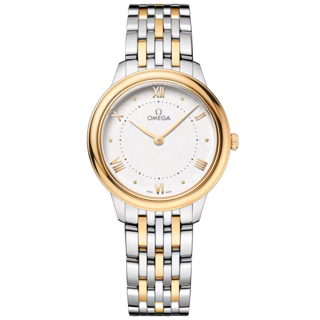 The OMEGA De Ville Prestige Quartz 30mm Watch features a stainless steel and 18K yellow gold two-tone band, round white dial, gold Roman numerals, and gold tone hands.