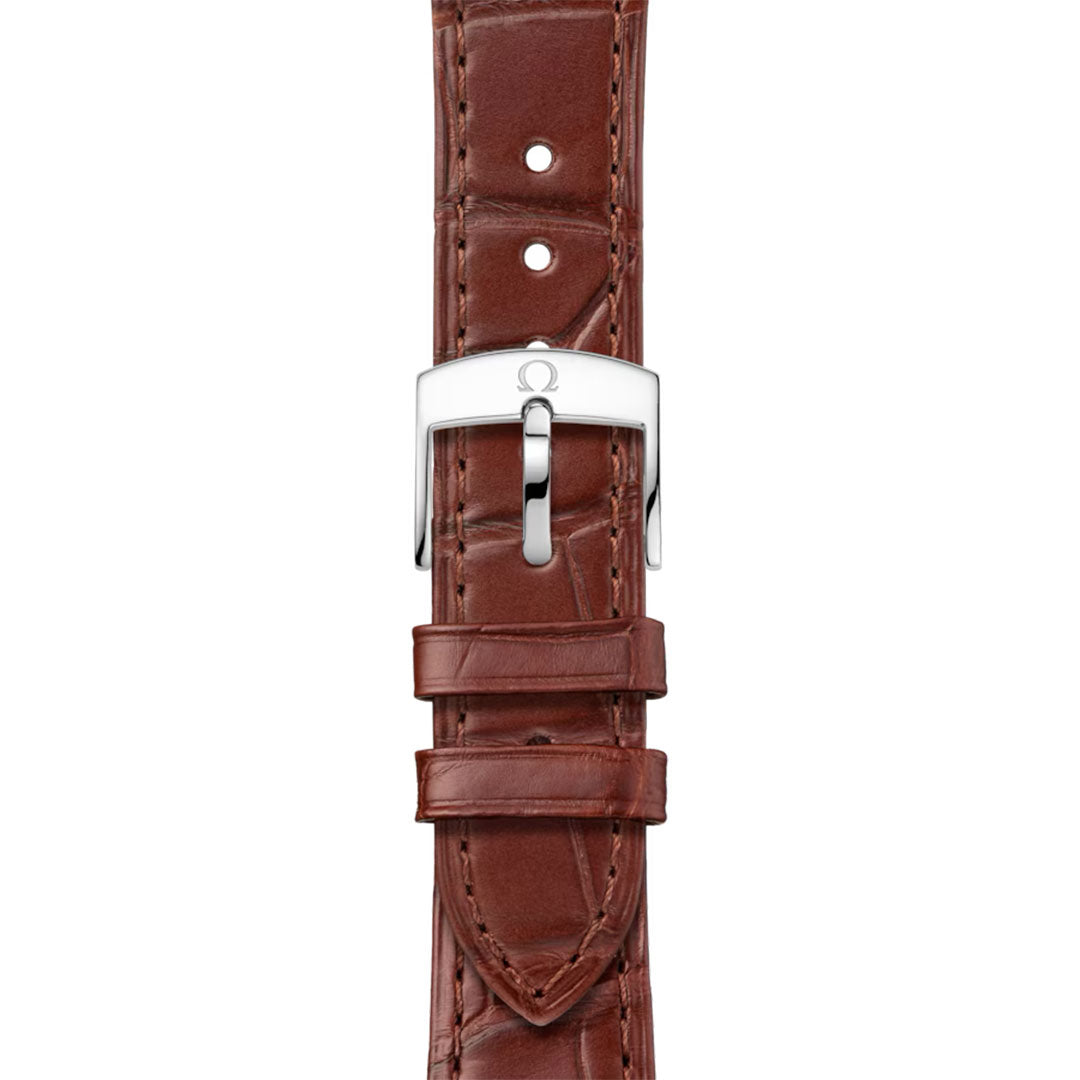 Close-up of a brown crocodile-pattern leather strap with a silver Omega-logo buckle, displayed vertically on white—an elegant match for your OMEGA De Ville Prestige Co-Axial Master Chronometer 41mm Watch.