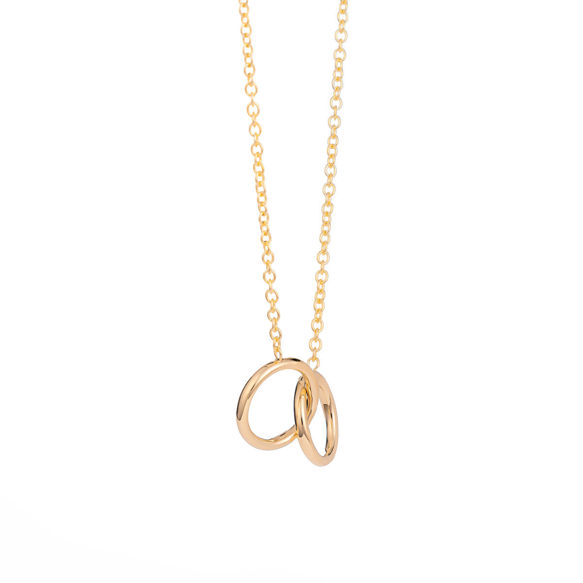 The Raffi&Co.® 14K Yellow Double Ring Necklace Pendant showcases two interlocking rings, capturing a sense of timeless beauty. Set against a simple white background, it elegantly highlights its double ring design.