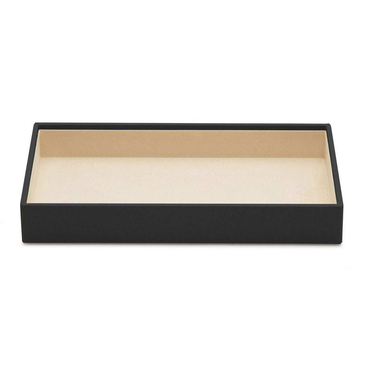 The WOLF 1834 2" Vault Deep Tray, showcasing a sophisticated rectangular design in black with a vegan leather exterior and light beige interior, is ideal for organizing VAULT jewelry, set against a white backdrop.