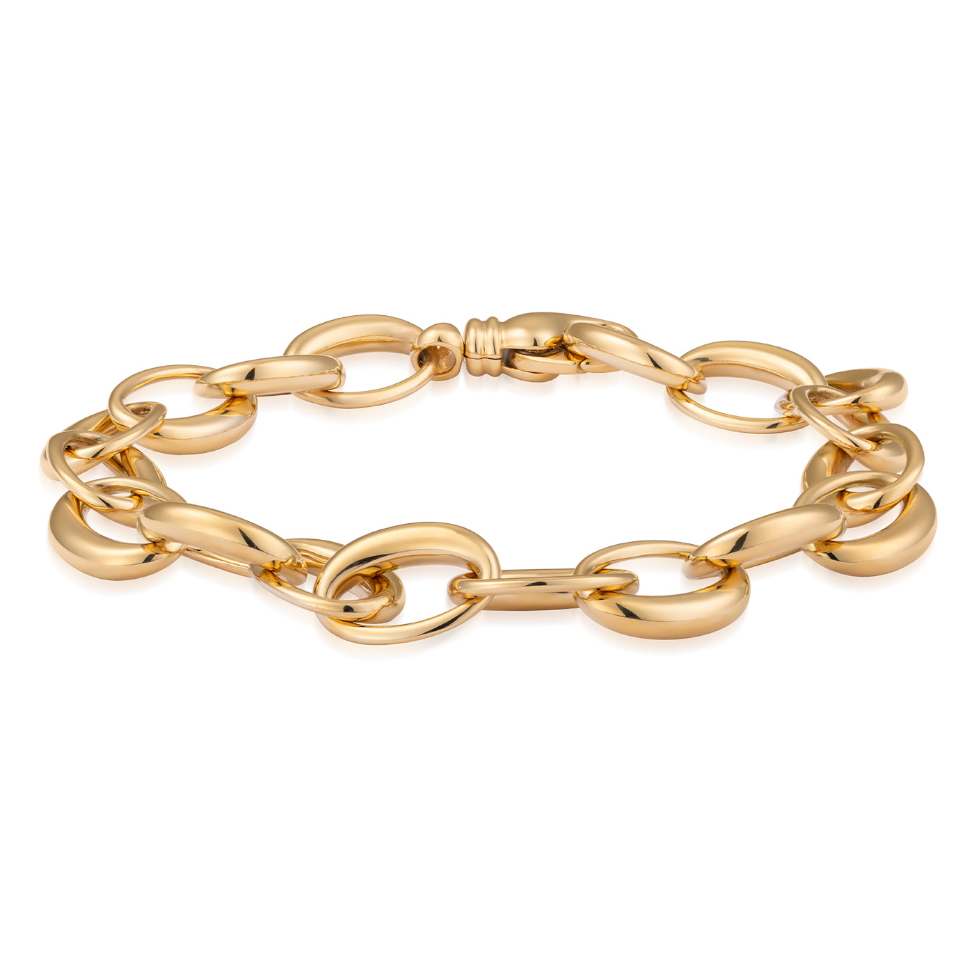 The Raffi&Co® 18K Yellow Gold Chain Bracelet showcases large, oval links with a shiny finish, elegantly positioned against a plain white background. Its matching gold clasp harmoniously complements the timeless design of this exquisite jewelry piece.