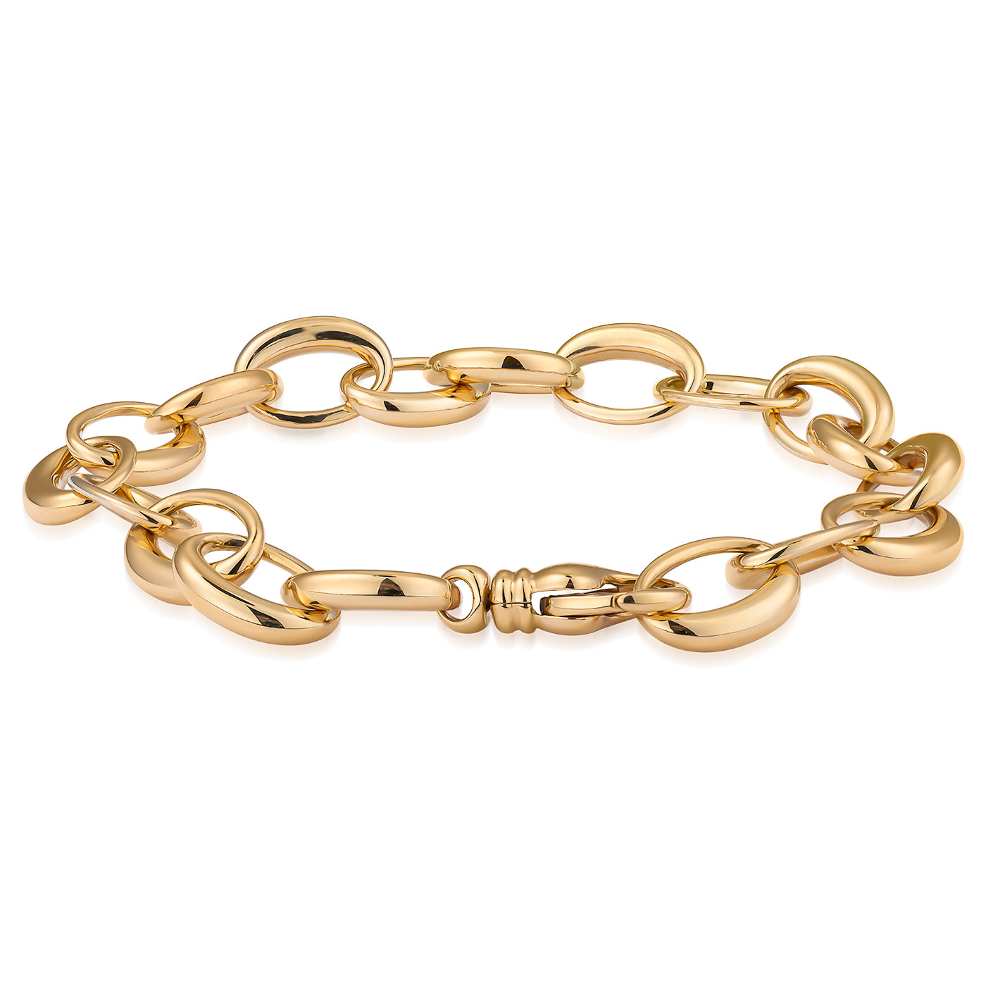 The Raffi&Co.® 18K Yellow Gold Chain Bracelet showcases oval and round links, coupled with a delicate clasp, elegantly presented on a white background. This timeless piece from Raffi&Co exudes elegance and sophistication, making it an ideal addition to any jewelry collection.