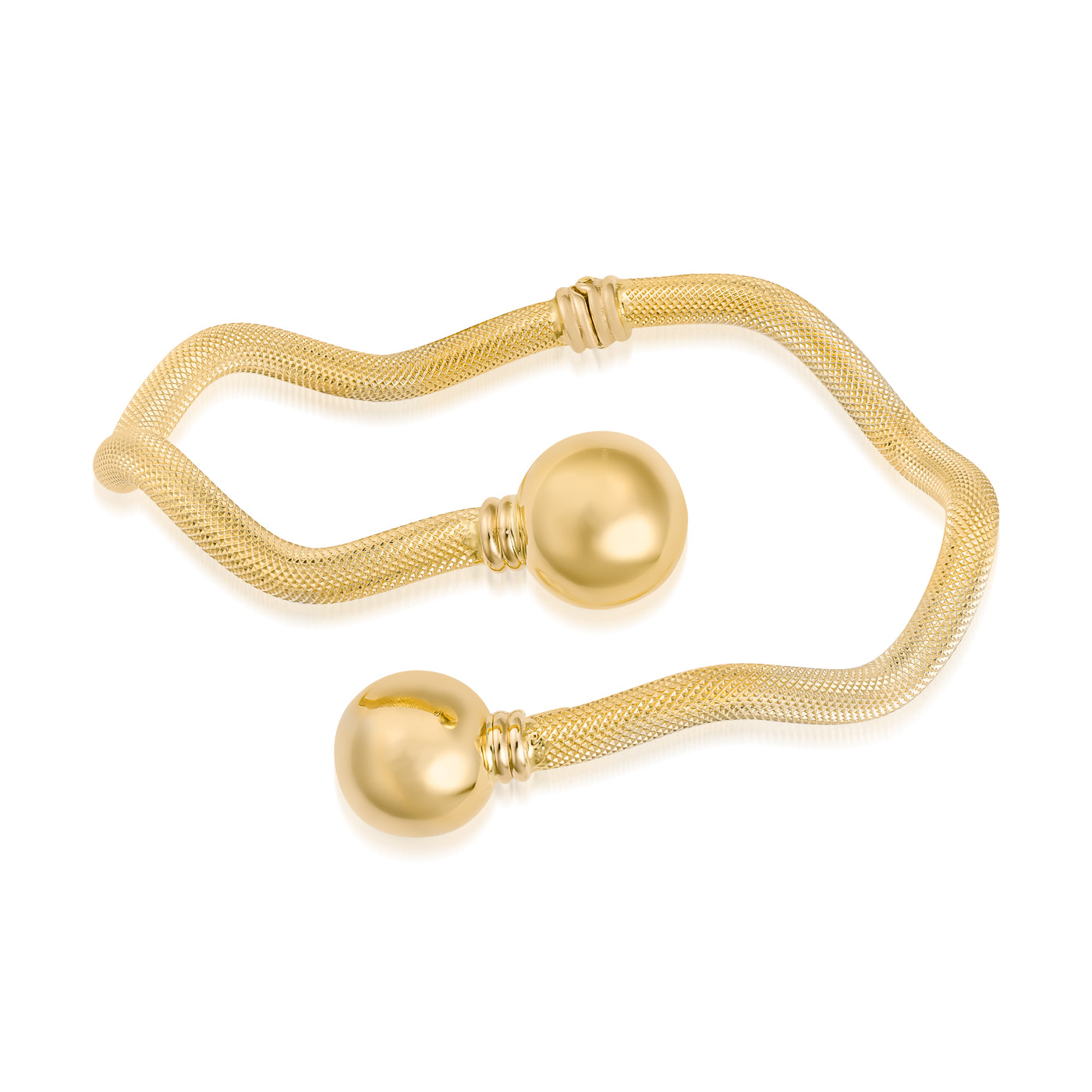 The Raffi&Co.® 18K Yellow Gold Bangle features a sleek mesh design with two round gold ends, each adorned with a ribbed texture at the connection point. The bangle boasts a shiny and elegant finish, gracefully coiling into a loose, curving shape.