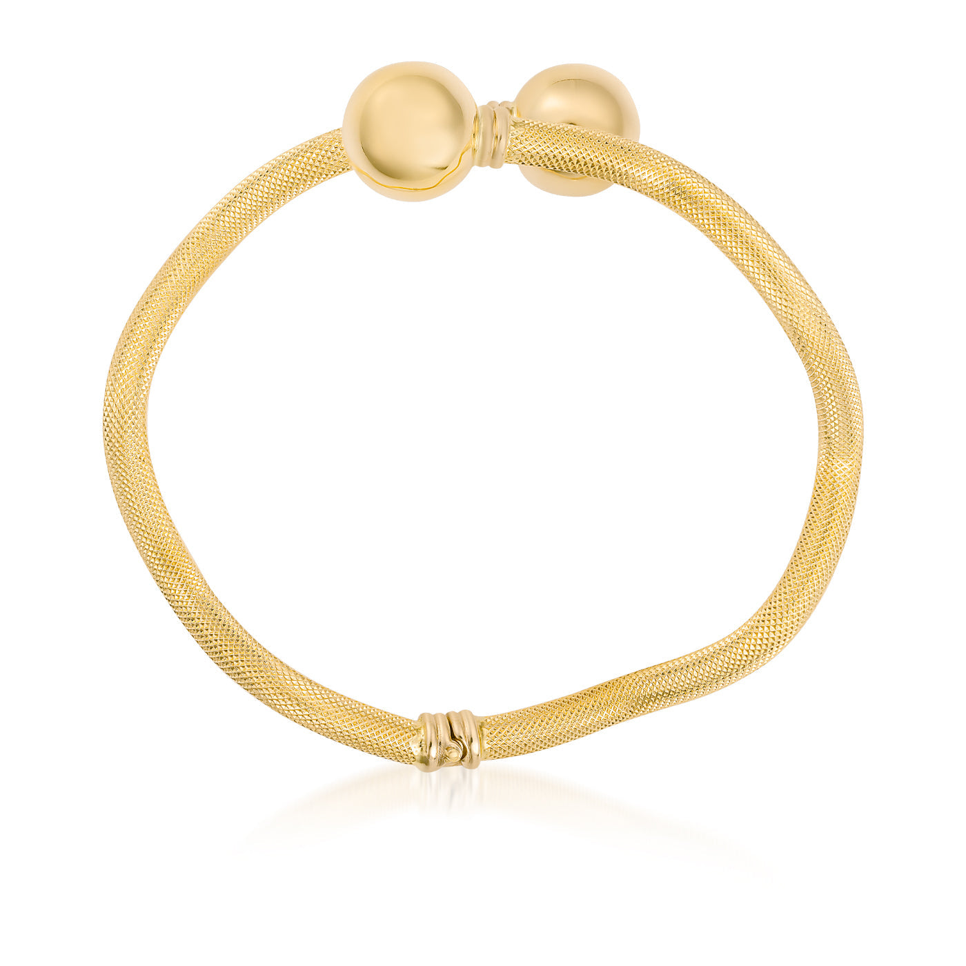 Introducing the Raffi&Co.® 18K Yellow Gold Bangle: a sleek and elegant accessory with a minimalist design. This bangle features a flexible open structure and two polished, spherical ends, embodying modern sophistication in its beautiful gold mesh style.