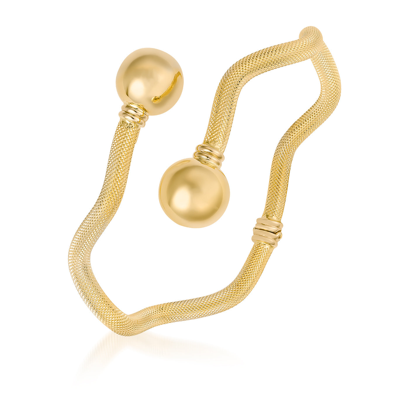 The Raffi&Co.® 18K Yellow Gold Bangle is a gold mesh bracelet featuring two large spherical ends and a twisted, flexible design with a textured surface.