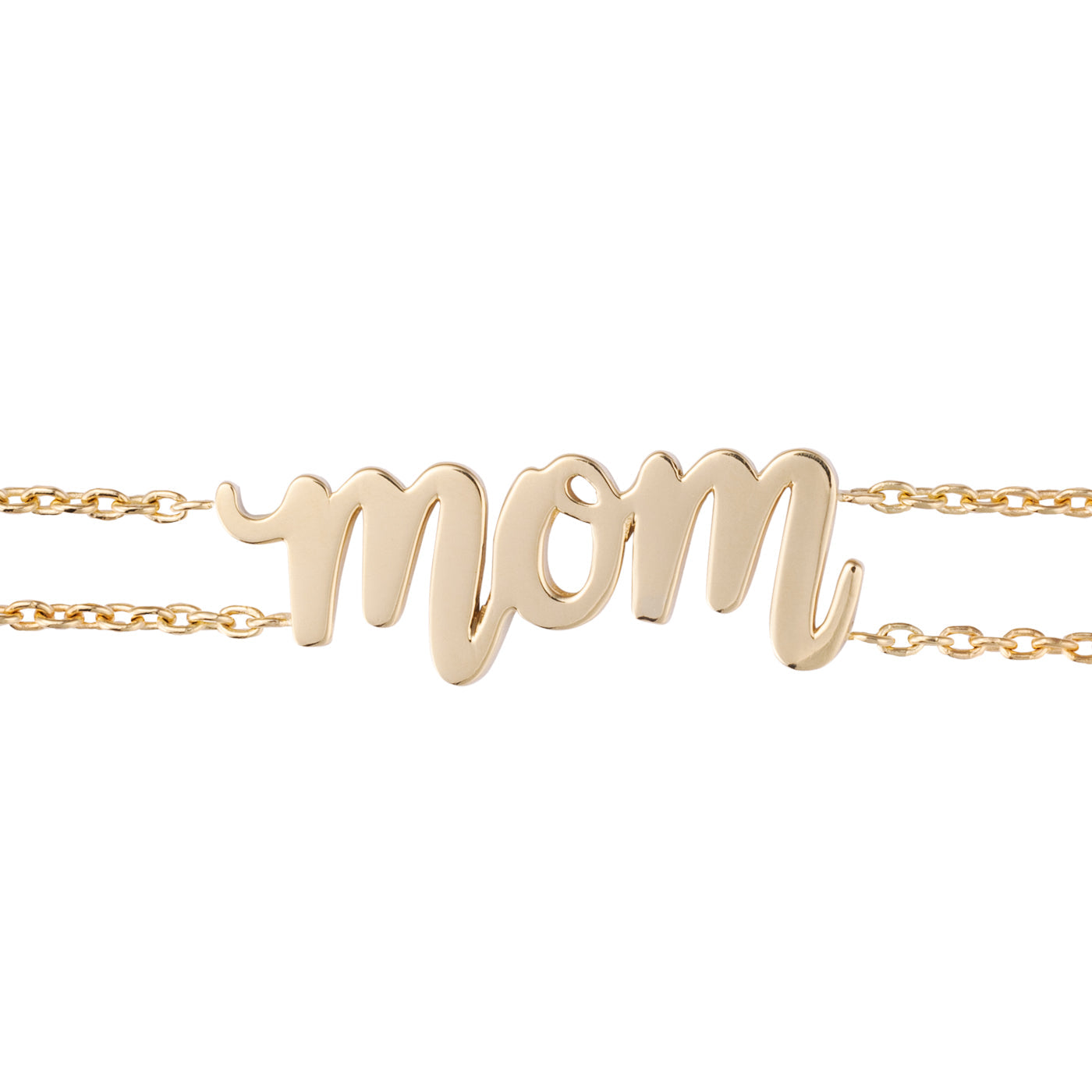 The Raffi&Co.® 14K Yellow Gold Mom Bracelet by Raffi&Co showcases the word "mom" in elegant script, connected by delicate chains on either side, symbolizing the cherished bond between a mother and child.