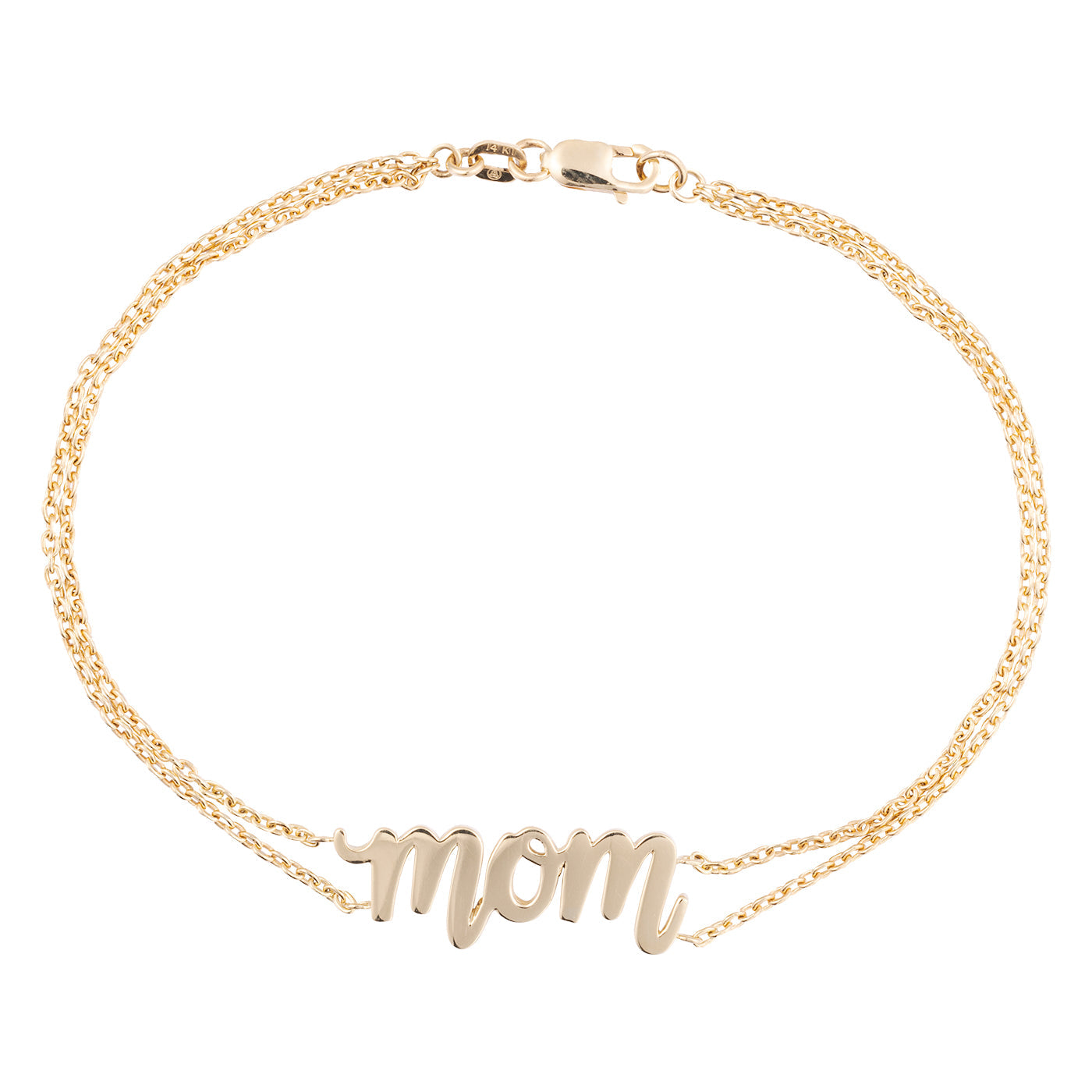 The Raffi&Co.® 14K Yellow Gold Mom Bracelet by Raffi&Co features two delicate chains and a cursive "mom" pendant, making it a beautiful symbol of the cherished bond between mother and child.