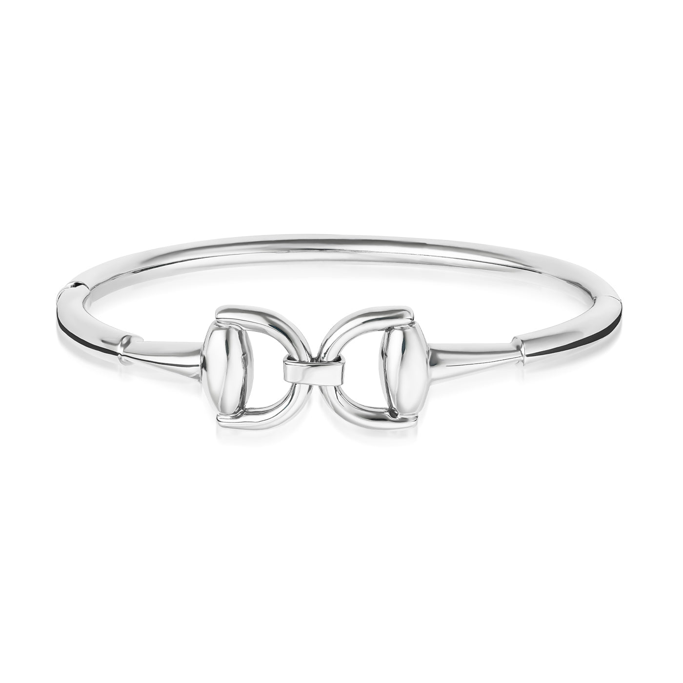 Introducing the Raffi&Co.® 18K White Gold Bangle, a sophisticated and minimalist piece from Raffi&Co. This sleek bracelet features an interlocking clasp at the center designed to resemble a horse bit. With its polished finish and modern aesthetic, it is beautifully showcased against a plain white background.