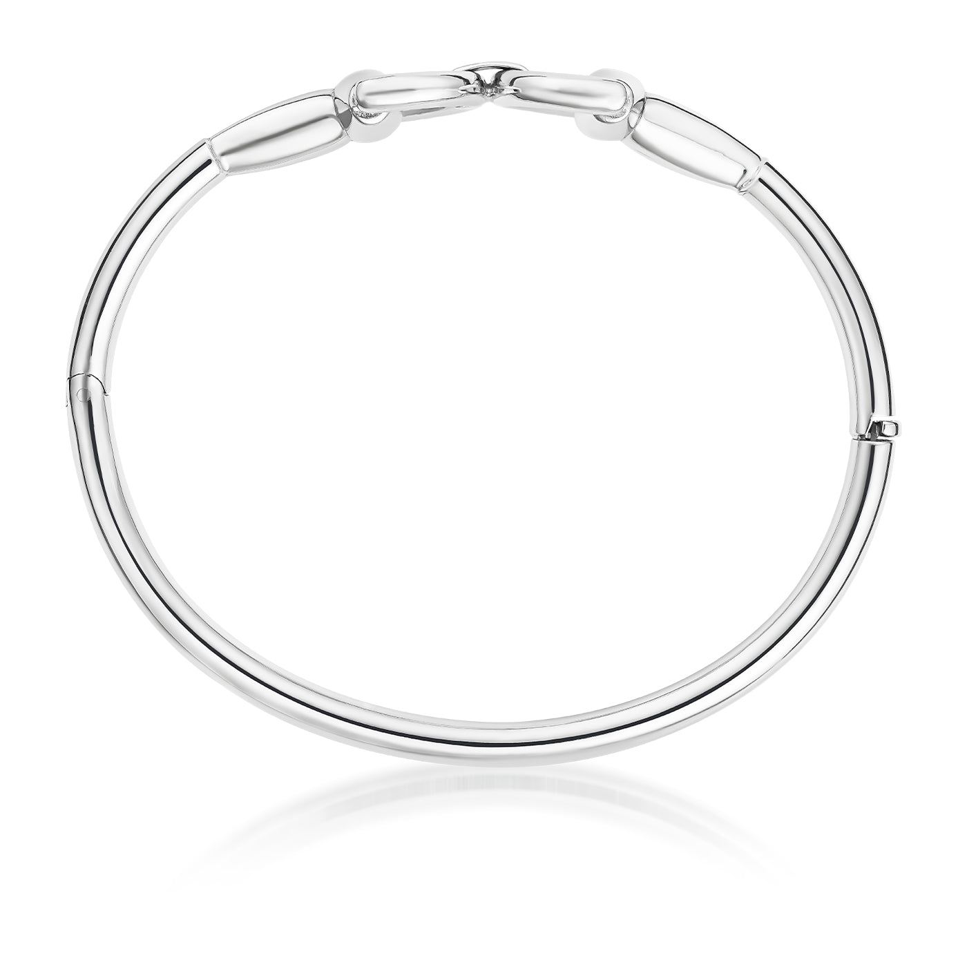 A Raffi&Co.® 18K White Gold Bangle is displayed against a white background, showcasing a smooth, curved design. The bangle features sleek, cylindrical segments that connect seamlessly, offering a minimalist and elegant appearance.