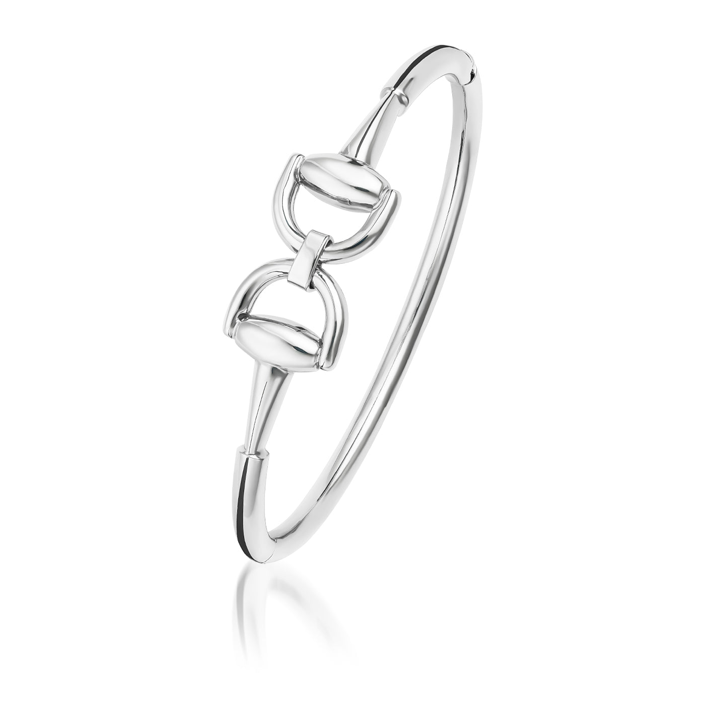 Introducing the Raffi&Co.® 18K White Gold Bangle, a sleek and sophisticated piece featuring two interconnected horse bit charms. This stunning bracelet boasts a polished finish and a slim profile, capturing an elegant equestrian-inspired design with minimalist flair.