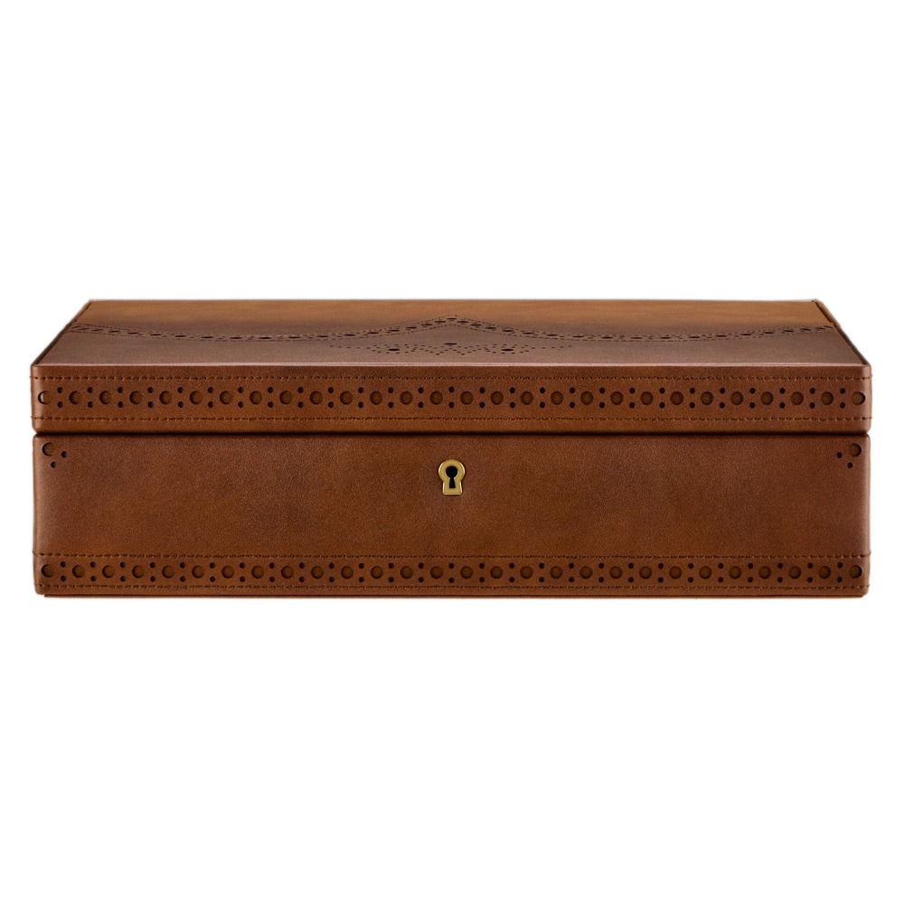 The WOLF 1834 Brogue 10 Piece Watch Box in burnished brown—featuring decorative stitching, a brass keyhole on the front, and crafted from vegan leather by WOLF—is perfect for storing watches and is set against a white background.