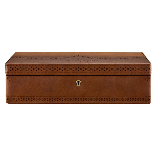 The WOLF 1834 Brogue 10 Piece Watch Box in burnished brown—featuring decorative stitching, a brass keyhole on the front, and crafted from vegan leather by WOLF—is perfect for storing watches and is set against a white background.