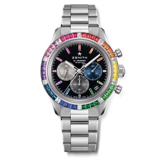 The Zenith Chronomaster Sport El Primero 3600 41mm features a silver wristwatch with a black dial, three subdials, and rainbow sapphires on the bezel. It includes a metal link band and highlights the Zenith brand.