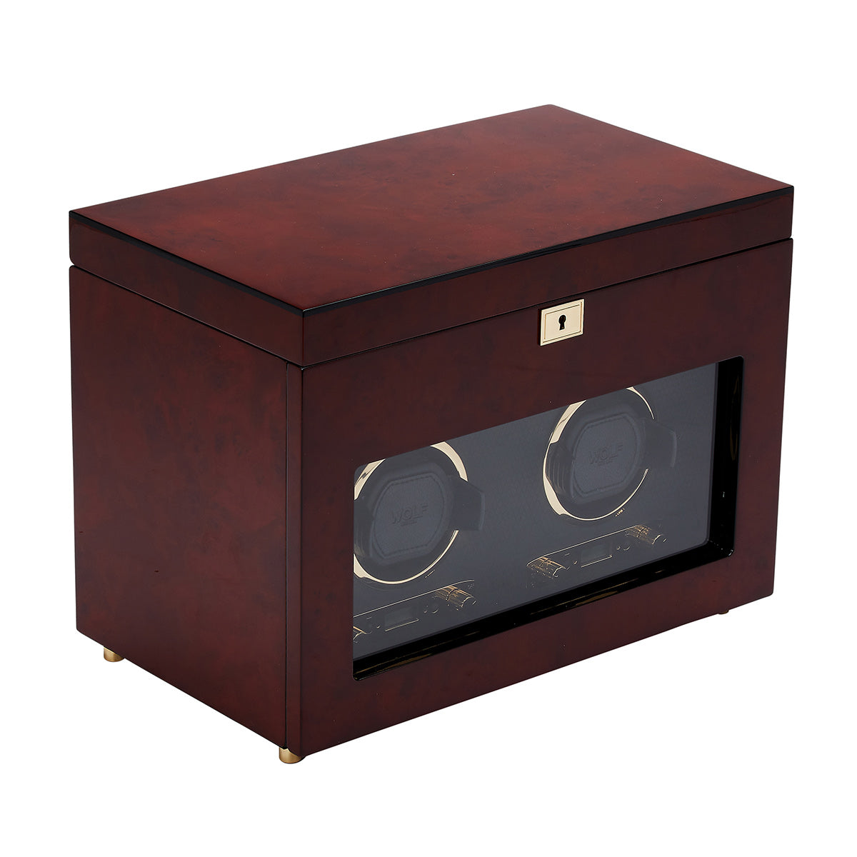 The WOLF 1834 Savoy Double Winder With Storage by WOLF is a refined wooden watch winder made from elegant burl wood, featuring a glossy finish and clear glass front that showcases two watch holders inside. The top includes a keyhole for locking, enhancing its secure storage appeal. Sleek and polished, it rests gracefully on four small gold-toned feet.