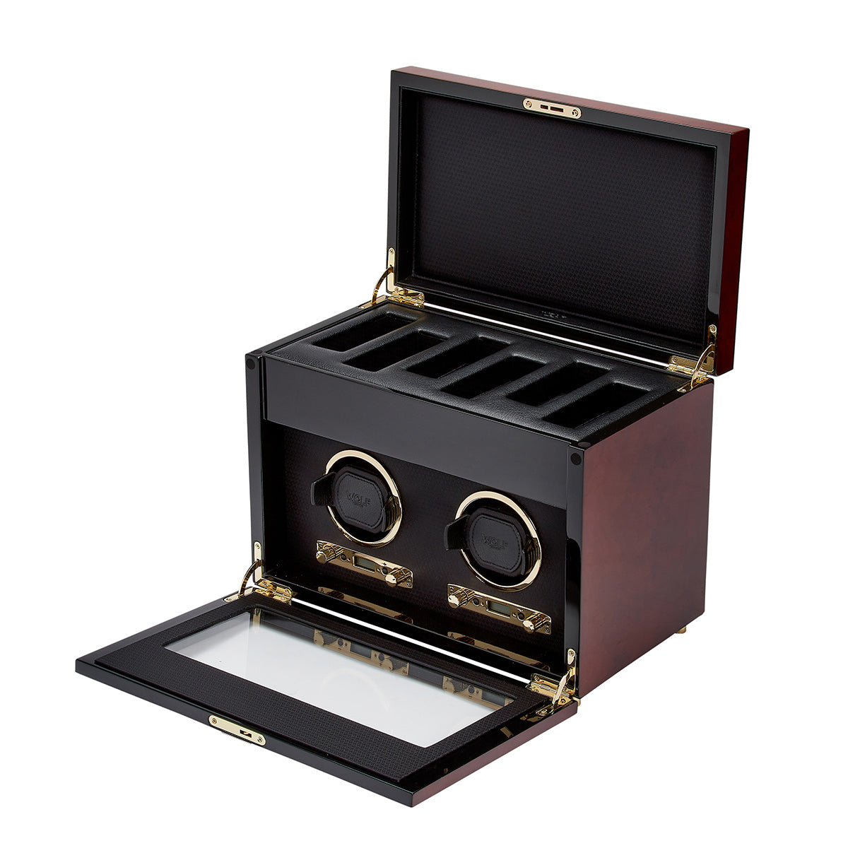 The WOLF 1834 Savoy Double Winder With Storage is an exquisite open watch box made from luxurious burl wood. It features a hinged lid and a glass front, with compartments for storage and two rotating watch winders. The interior is lined in black, complemented by brass accents that elevate its elegant design.