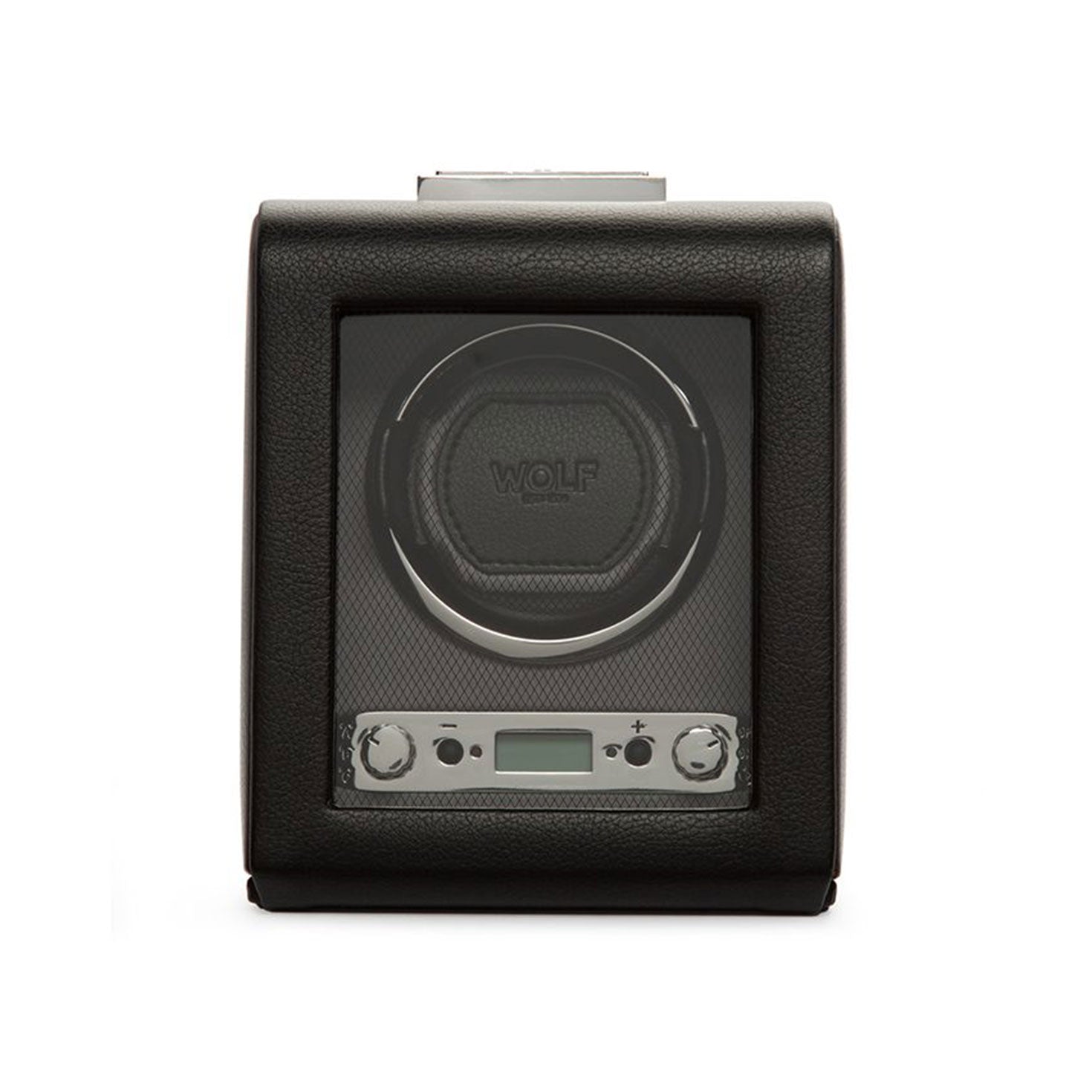 Introducing the WOLF 1834 Viceroy Black Watch Winder: a sleek design crafted from black leather with an elegant glass front. This watch winder features a circular compartment perfectly suited for your cherished timepiece, while proudly displaying the WOLF brand at its center. The bottom section contains control buttons along with a small digital display for convenient adjustments.