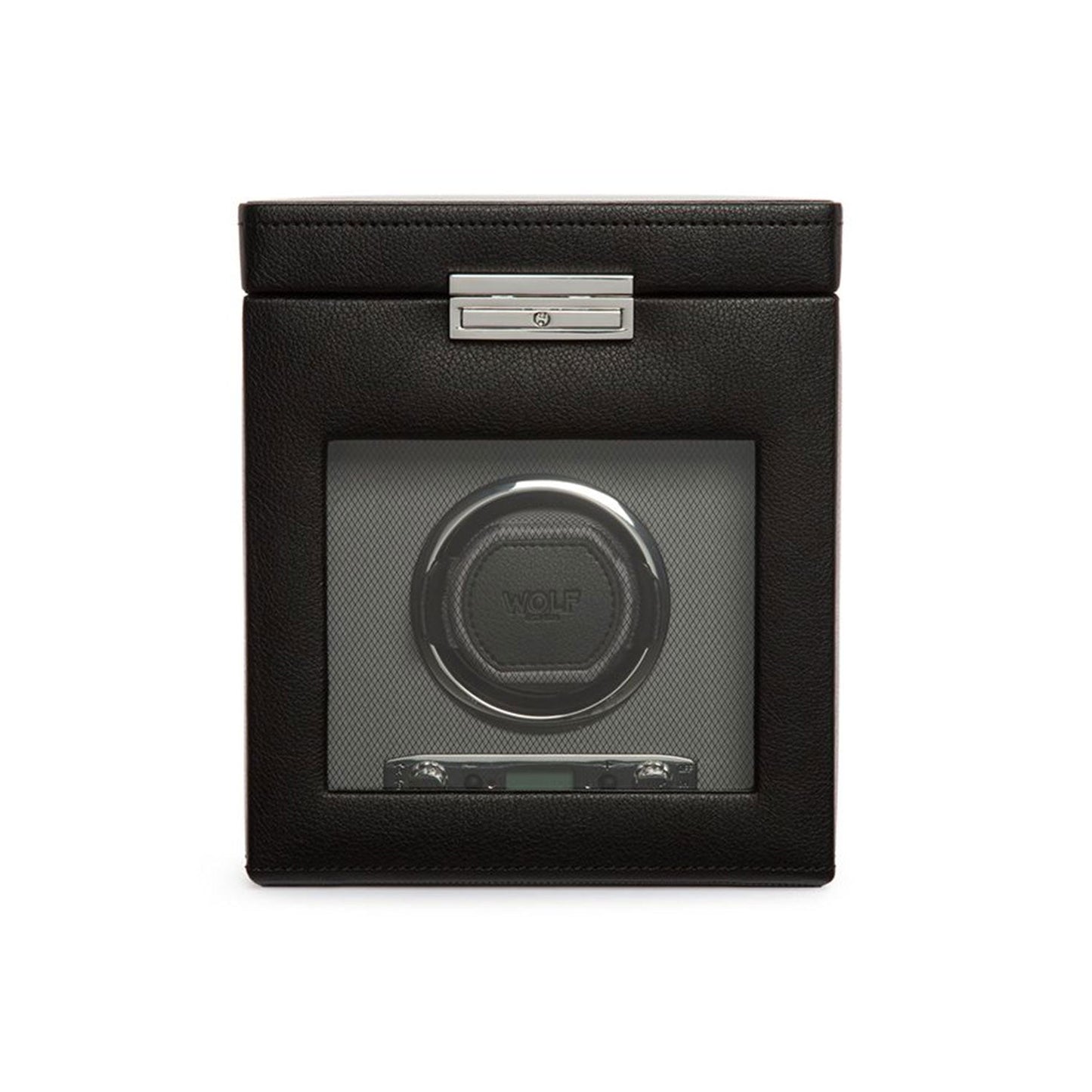 The WOLF 1834 Viceroy Single Winder with Storage is a black accessory featuring a textured exterior and transparent front, showcasing a circular mount inside. It comes with a metallic clasp on top and proudly displays the "WOLF" brand embossed on the inner surface, making it an essential accessory for any watch enthusiast.