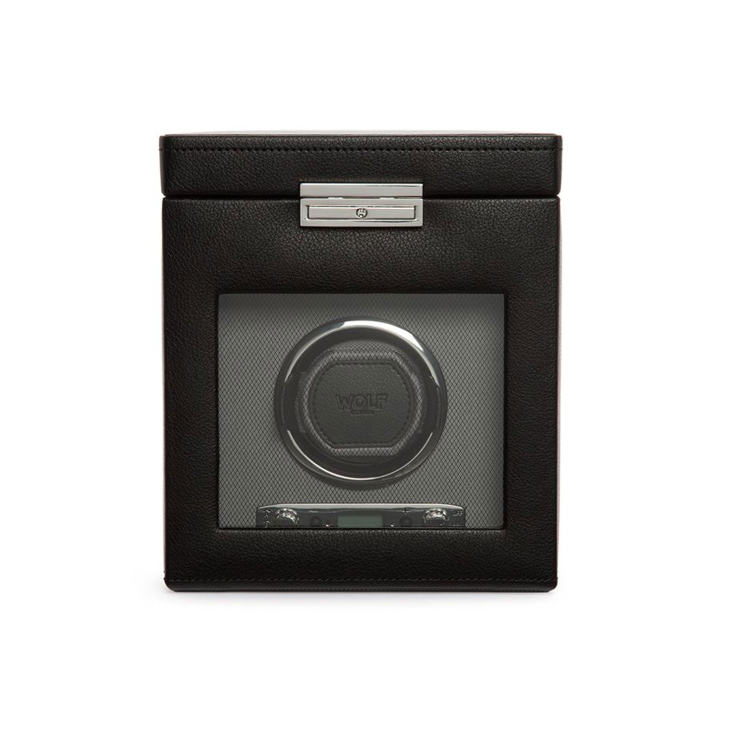The WOLF 1834 Viceroy Single Winder with Storage is a black accessory featuring a textured exterior and transparent front, showcasing a circular mount inside. It comes with a metallic clasp on top and proudly displays the "WOLF" brand embossed on the inner surface, making it an essential accessory for any watch enthusiast.