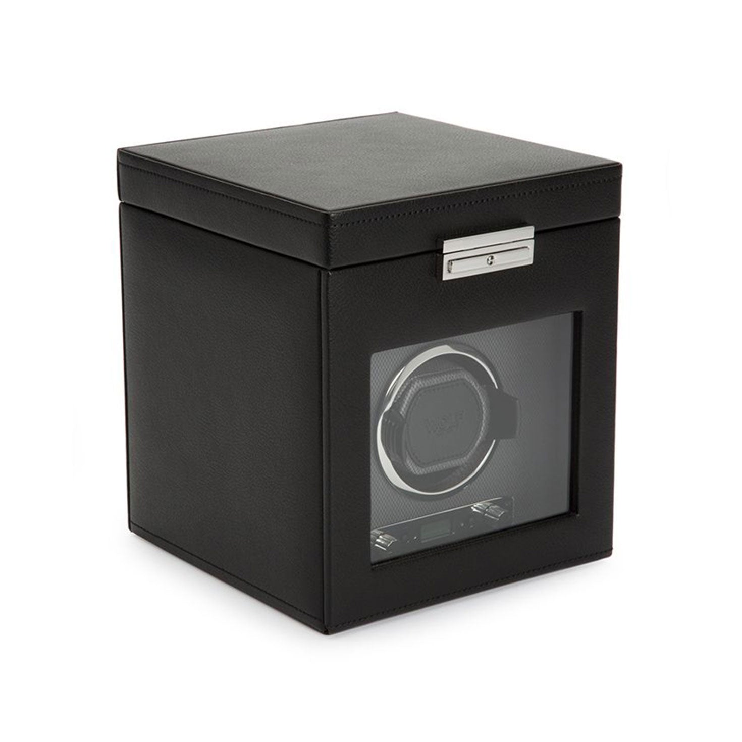 The WOLF 1834 Viceroy Single Winder with Storage showcases a single watch through its transparent front panel. Crafted with a luxurious leather exterior, it features a closed top and a prominent silver latch at the front, making it an elegant accessory for any watch enthusiast.