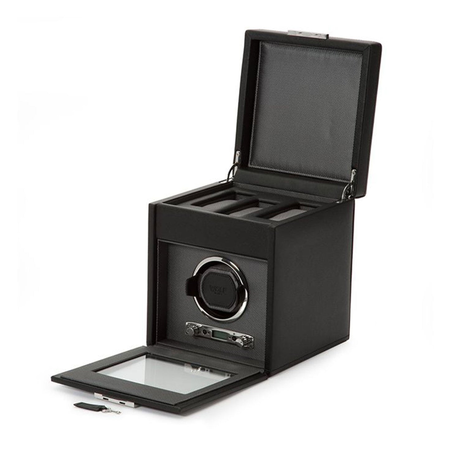 The WOLF 1834 Viceroy Single Winder with Storage is a stylish black leather watch winder box by WOLF, offering an open lid design that showcases several slots for your cherished watches along with a single watch winder mechanism. A small key accompanies this indispensable accessory.