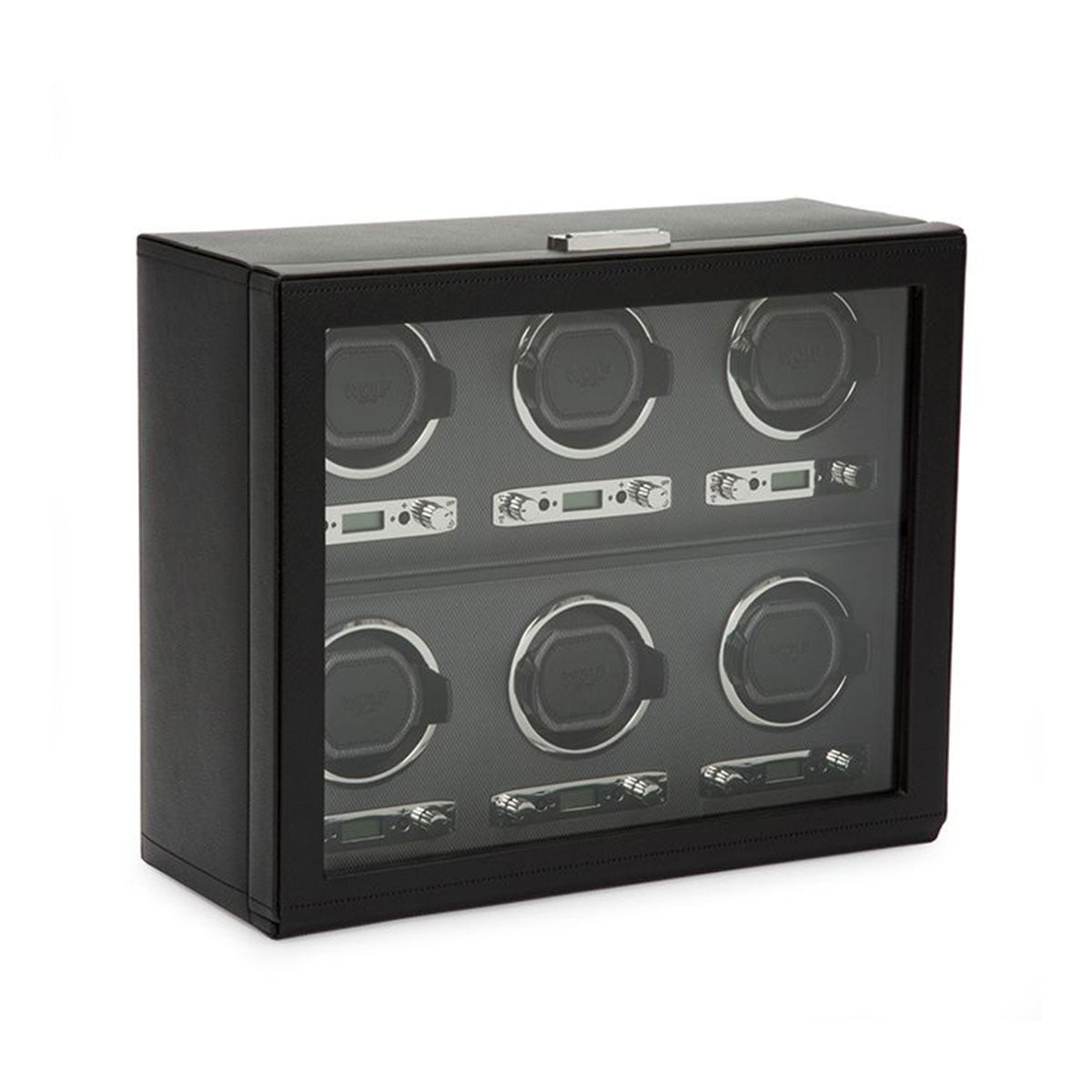 The WOLF 1834 Viceroy 6 Piece Winder by WOLF showcases a sleek, modern design with its transparent front displaying six slots, each equipped with a circular watch holder. Below each holder are silver controls offering various rotation options to keep your timepieces in perfect condition.