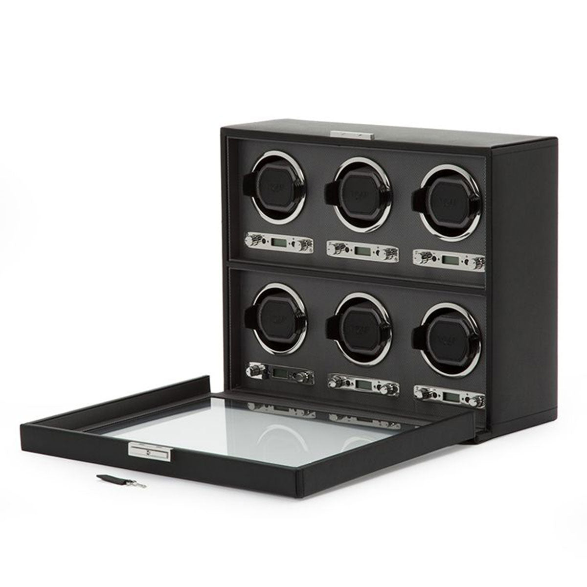 The WOLF 1834 Viceroy 6 Piece Winder, by the brand WOLF, is a sophisticated black watch winder box with a transparent lid, designed to hold six watches. It provides various rotation options with dedicated slots for turning the watches and includes a key located near the open lid. The interior is elegantly accented with metallic details.