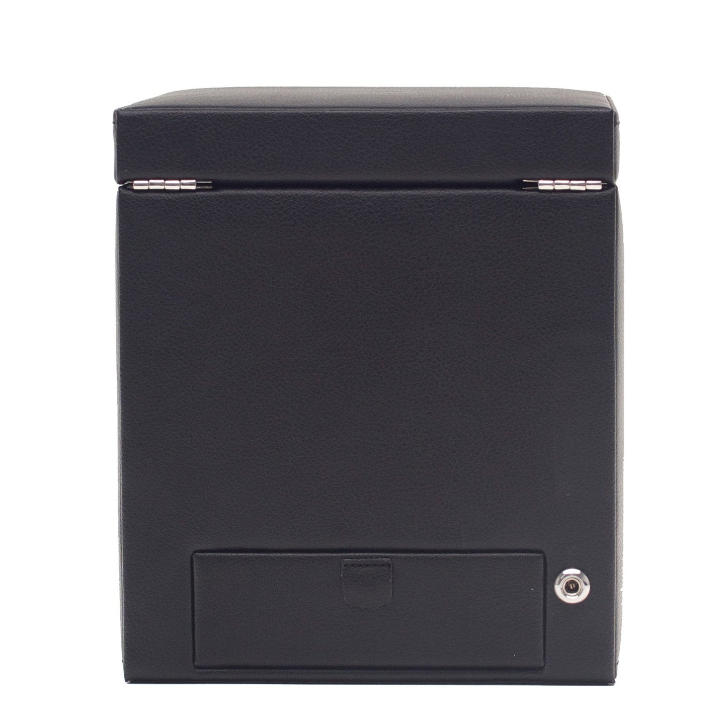 The WOLF 1834 Roadster Single Watch Winder with Storage is a black vegan leather box in a square shape, featuring a hinged lid. It includes a small rectangular compartment on the front and a silver lock mechanism, making it an elegant choice for watch winding.