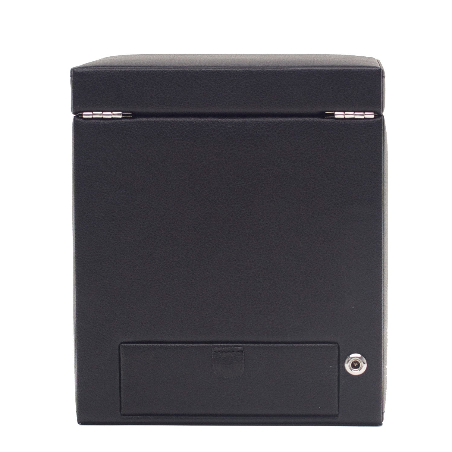 The WOLF 1834 Roadster Single Watch Winder with Storage is a black vegan leather box in a square shape, featuring a hinged lid. It includes a small rectangular compartment on the front and a silver lock mechanism, making it an elegant choice for watch winding.