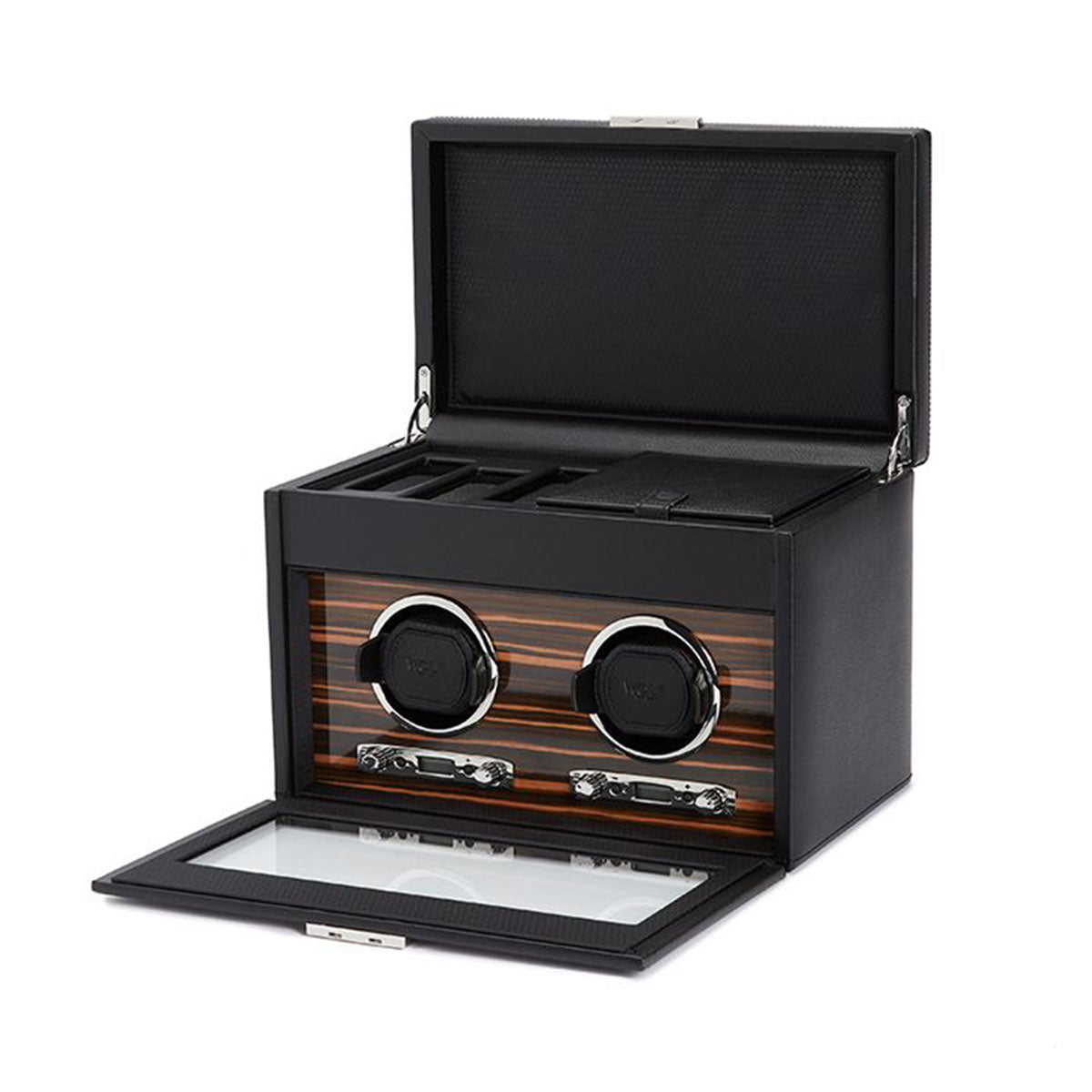 The WOLF 1834 Roadster Double Watch Winder With Storage by WOLF showcases a sophisticated black exterior paired with striped wood paneling, reminiscent of luxurious British motorcars. Its open roadster-style design elegantly displays slots for high-quality timepieces and accessories, offering two circular watch holders along with additional compartments.