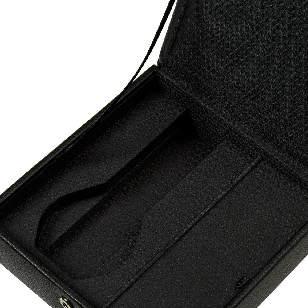 The WOLF 1834 Roadster Triple Watch Winder With Storage is a sleek, open black leather case boasting a geometric pattern lining on the interior. It features adjustable compartments ideal for housing your watch winder or dynamic cuff and comes with a strap for effortless carrying.
