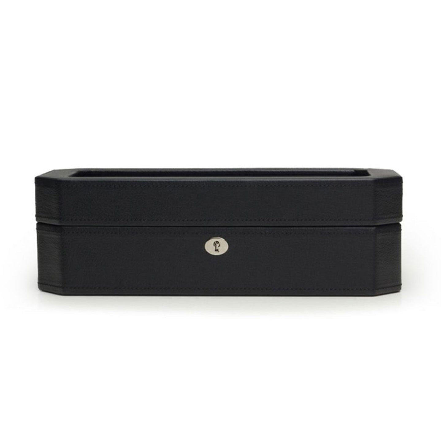 A sophisticated black rectangular watch box with a closed lid designed from vegan leather, featuring a smooth finish and a small silver keyhole on the front. The WOLF 1834 Windsor 5 Piece Watch Box is perfect for storing watches or serving as an elegant jewelry box, set against a plain white background.