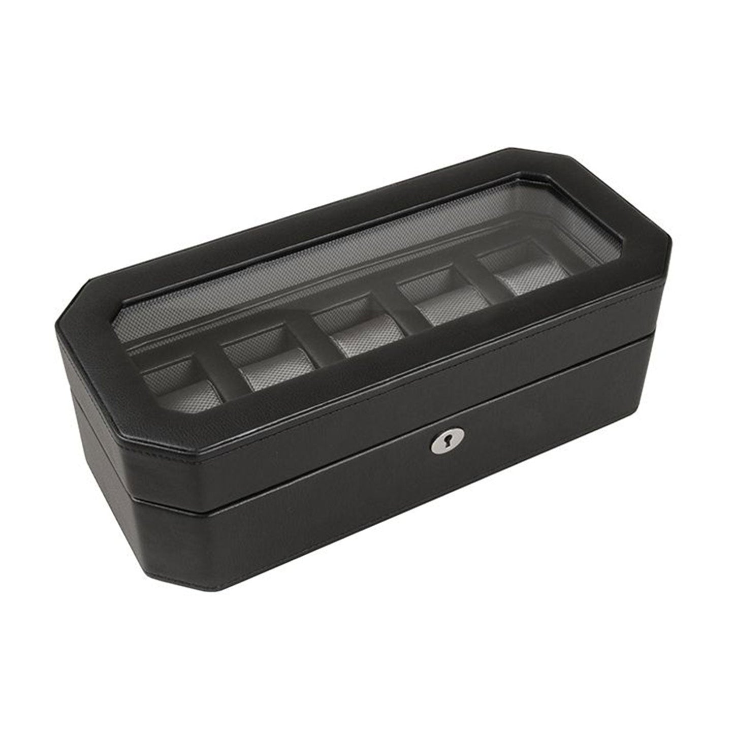 The WOLF 1834 Windsor 5 Piece Watch Box is a sleek black rectangular storage solution crafted from vegan leather, featuring a transparent lid and five compartments. With its secure lock on the front, it elegantly displays and protects your watch collection.