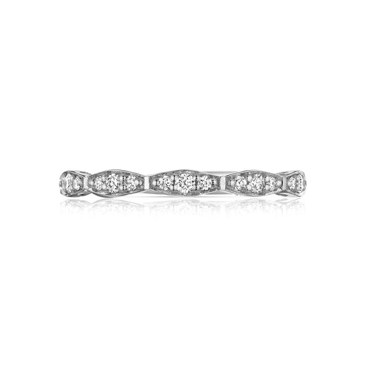 This sophisticated anniversary ring, crafted by Tacori gemologists, features the Sculpted Crescent design. The exquisite 18K white gold band is encrusted with small round brilliant diamonds for a sparkling appearance, showcasing alternating marquise and round diamond clusters for perfect symmetry.