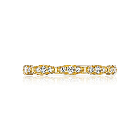 The Tacori Sculpted Crescent Marquise Design 18K Yellow Gold Round Brilliant Diamond Anniversary Ring features a slender band adorned with a pattern of marquise shapes, each set with a small diamond, creating a delicate and elegant design. The ring's Sculpted Crescent motif is beautifully showcased against a white background.